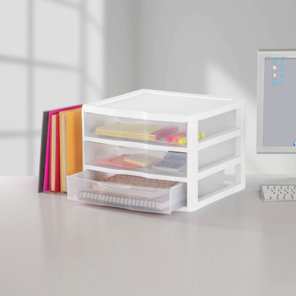 Wide 3 Drawer Unit, Clear Plastic Countertop or Desktop Drawers, White