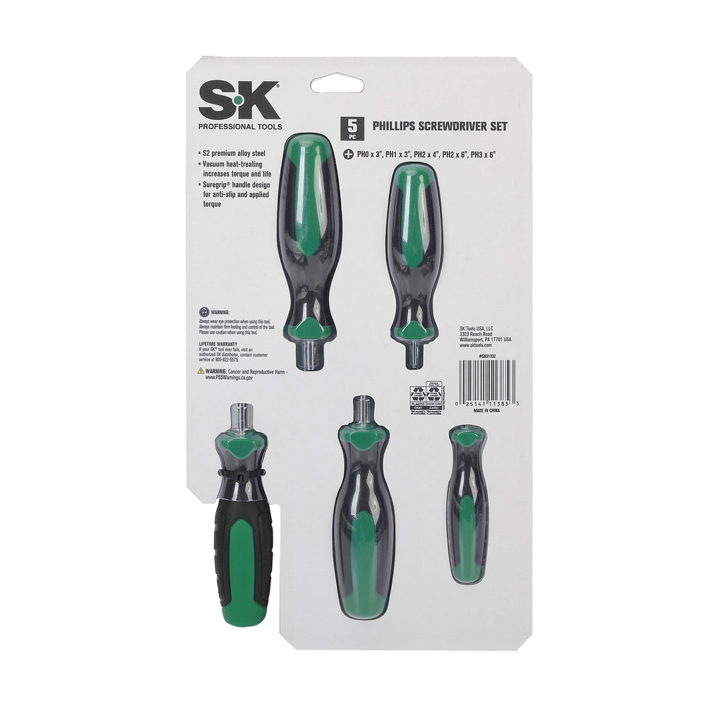 SK Hand Tools 5 Piece Steel Phillips Screwdriver Set with Comfort Grip Plastic Handle - Image 3