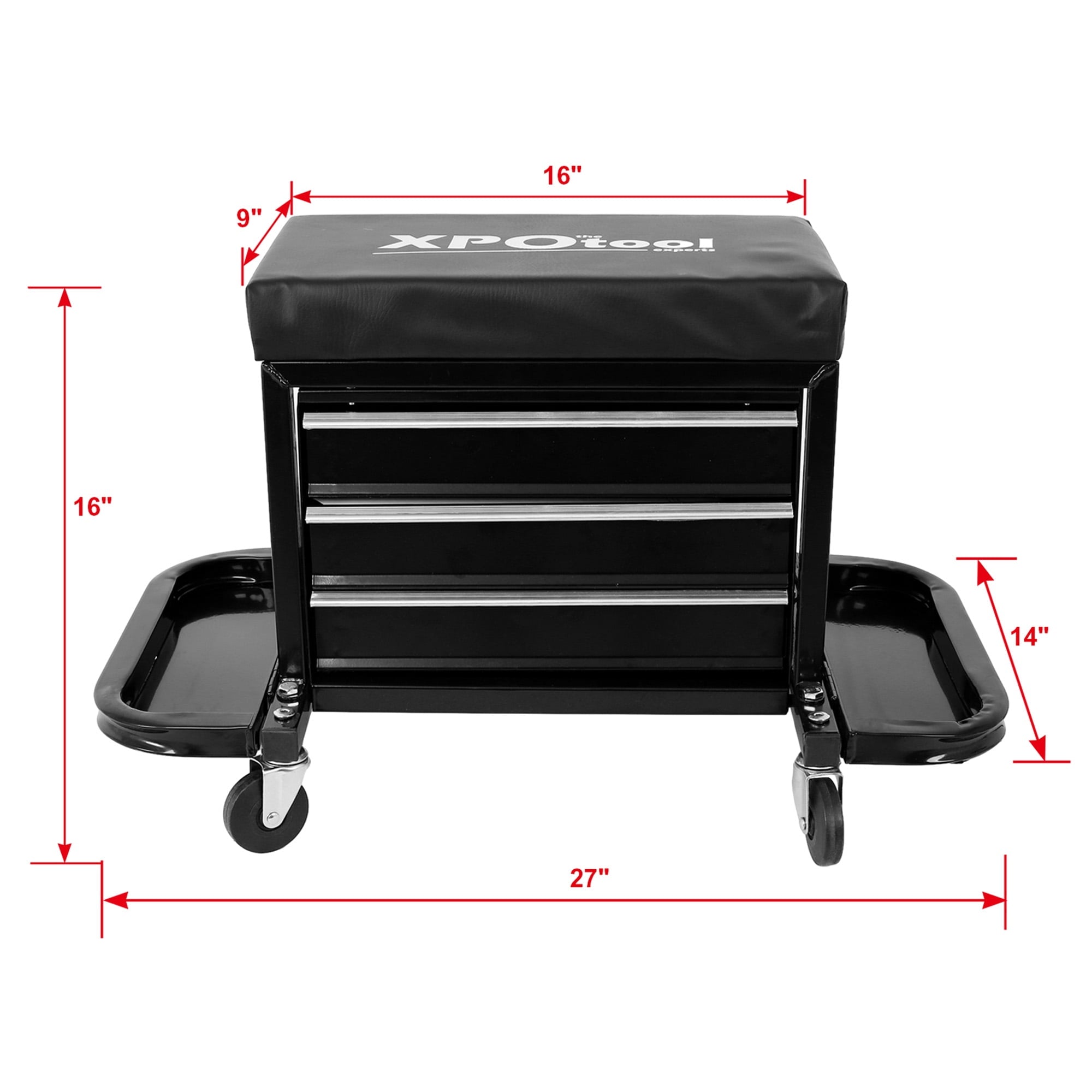 Aukfa Tool Chest Seat, Steel Rolling Tool Box with Wheels and Foldable Magnetic Storage Trays, 3-Drawers, 350LBS Capacity, Black - Image 5