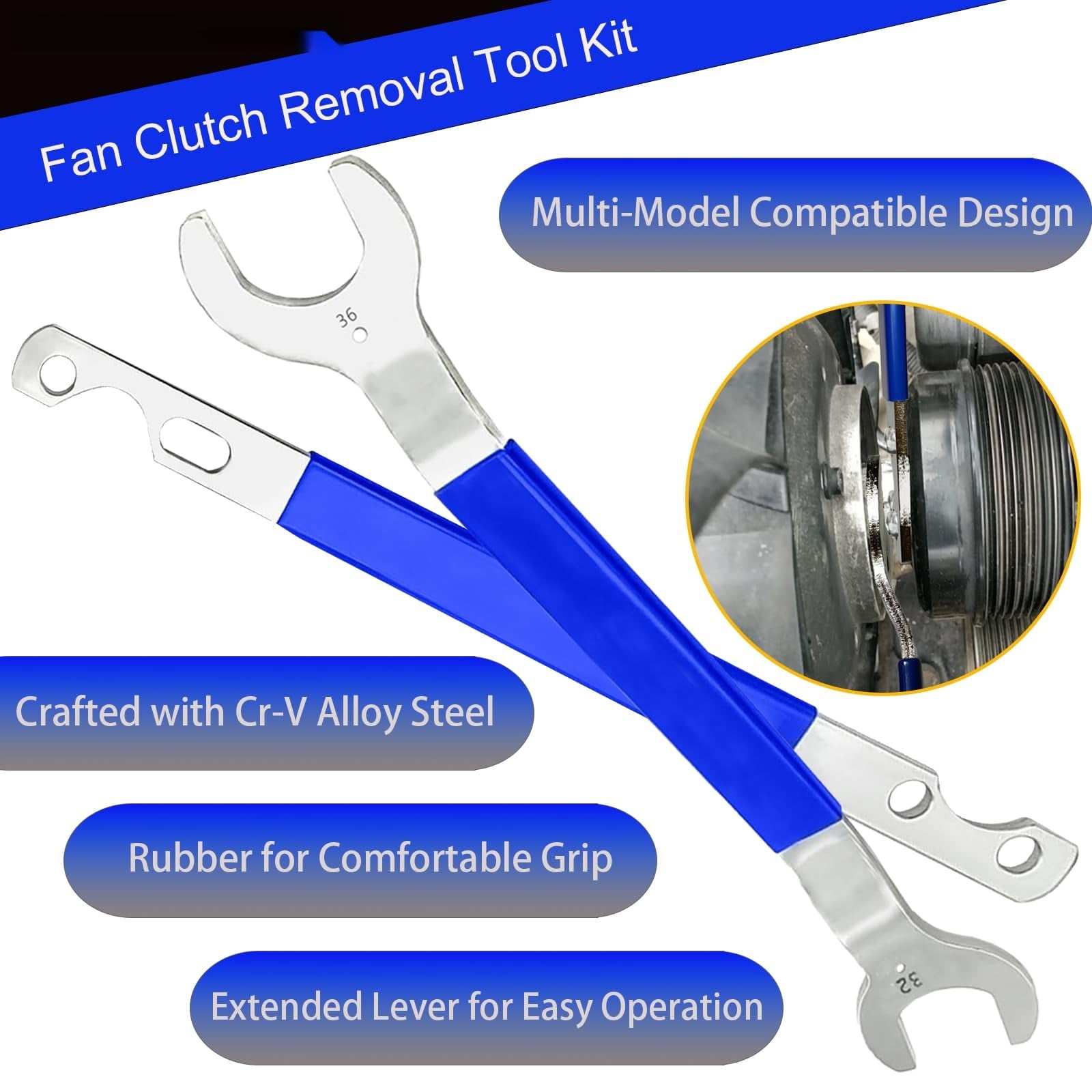 Professional Fan Clutch Removal Tool Kit with 32mm & 36mm Wrench Set and Water Pump Pulley Holder for , Ford, GM, Dod... - Image 2