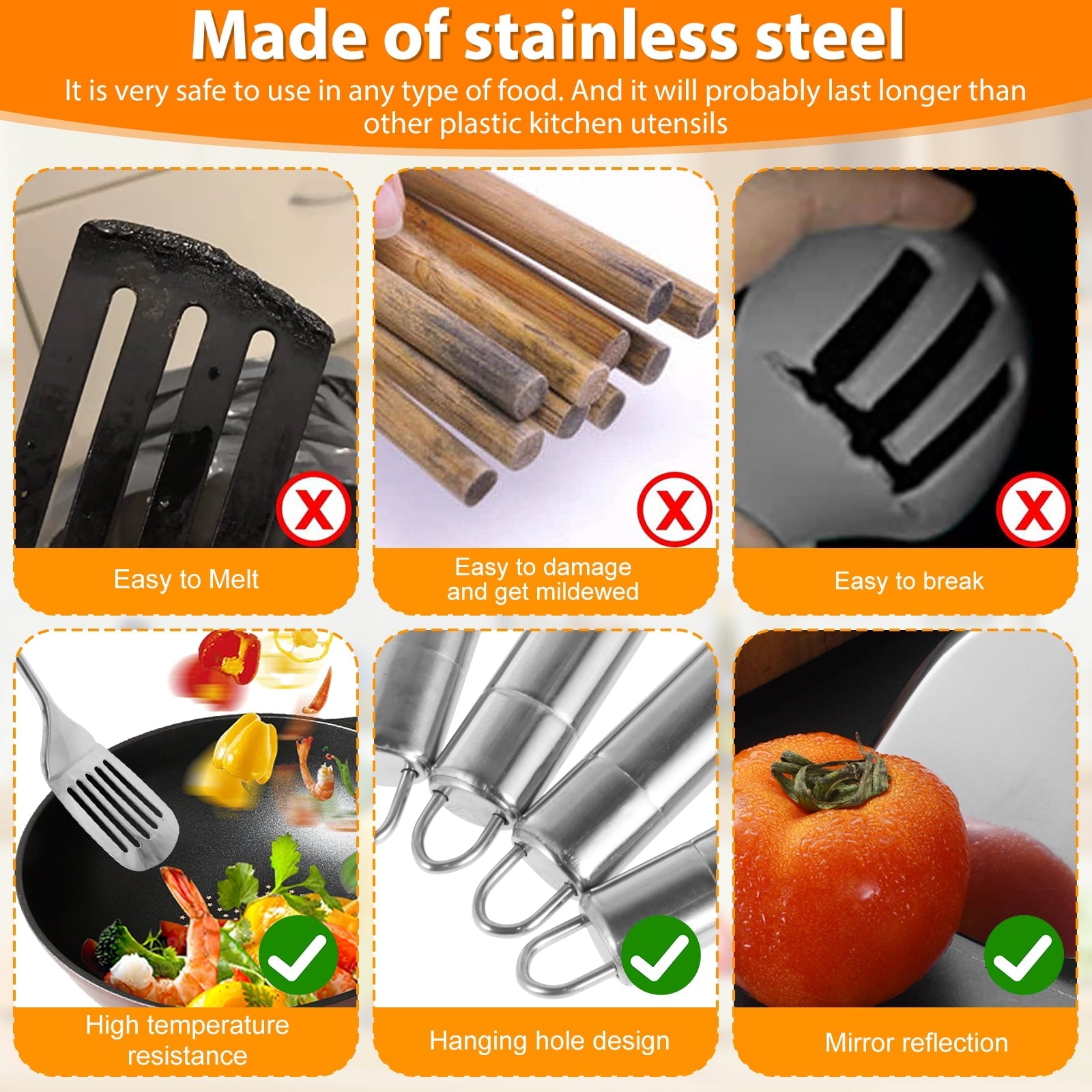 Jetcloudlive 5 Pcs Stainless Steel Utensil Set - Cooking Utensils Set Kitchen Gadgets Tools Set Spoons Spatula Sets with Handle Hanging Hole