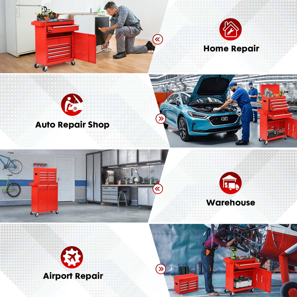 5-Drawer Tool Chest with Detachable Box, Lockable Wheels & 4 Hooks, Red - Image 5
