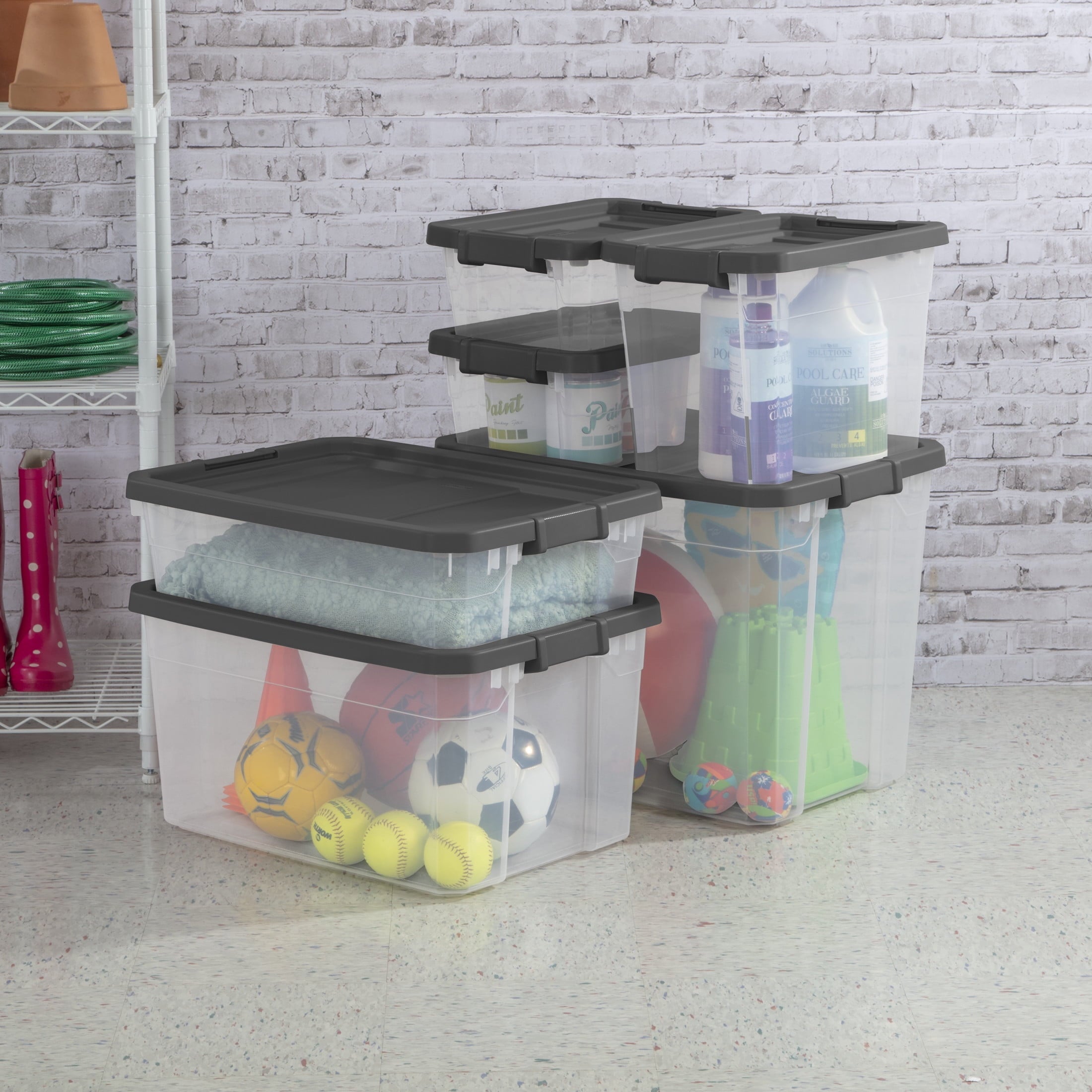 40 Quart Medium Storage Bin, Clear Plastic Underbed Storage Container with Latch Lid, Dark Gray