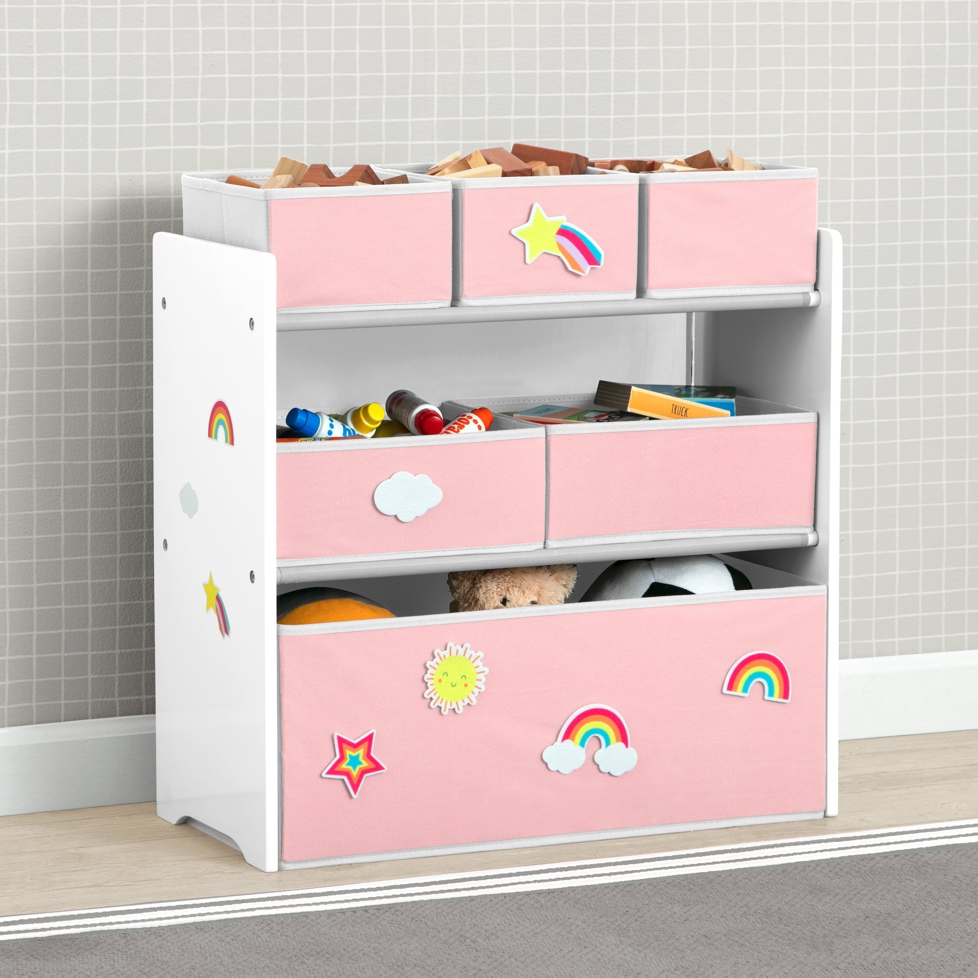Design &amp; Store 6 Bin Toy Storage Organizer with Interchangeable Patches, Green/Pink