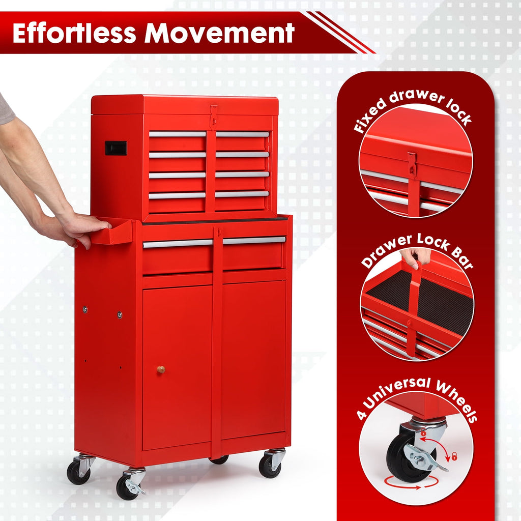 5-Drawer Tool Chest with Detachable Box, Lockable Wheels & 4 Hooks, Red - Image 2