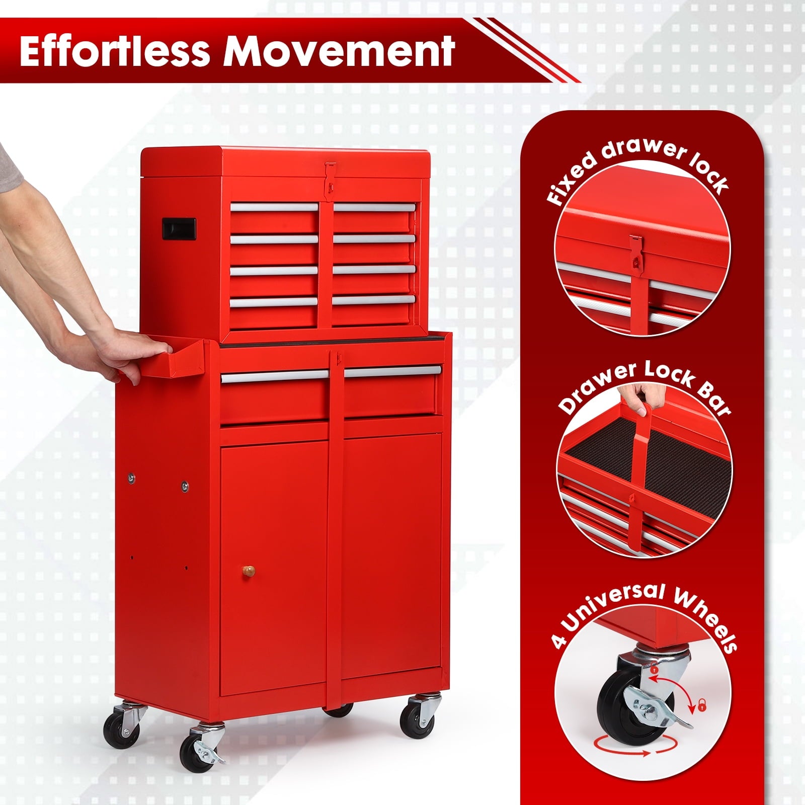 5-Drawer Tool Chest with Detachable Box, Lockable Wheels & 4 Hooks, Red - Image 2