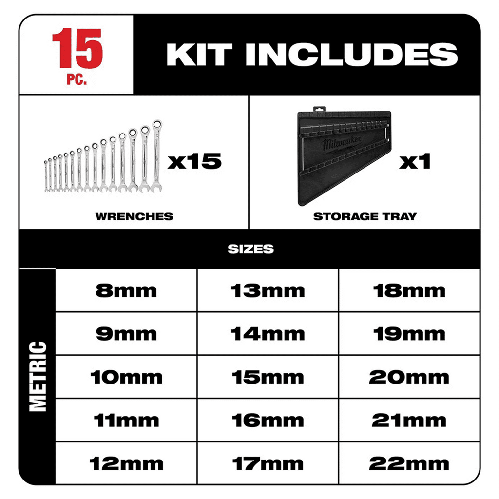 Milwaukee 48-22-9516 Ratcheting Combination Metric Wrench Set 15-Piece - Image 2