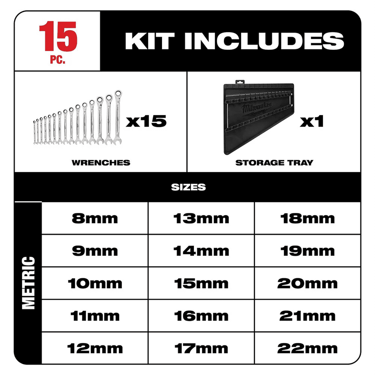 Milwaukee 48-22-9516 Ratcheting Combination Metric Wrench Set 15-Piece - Image 2