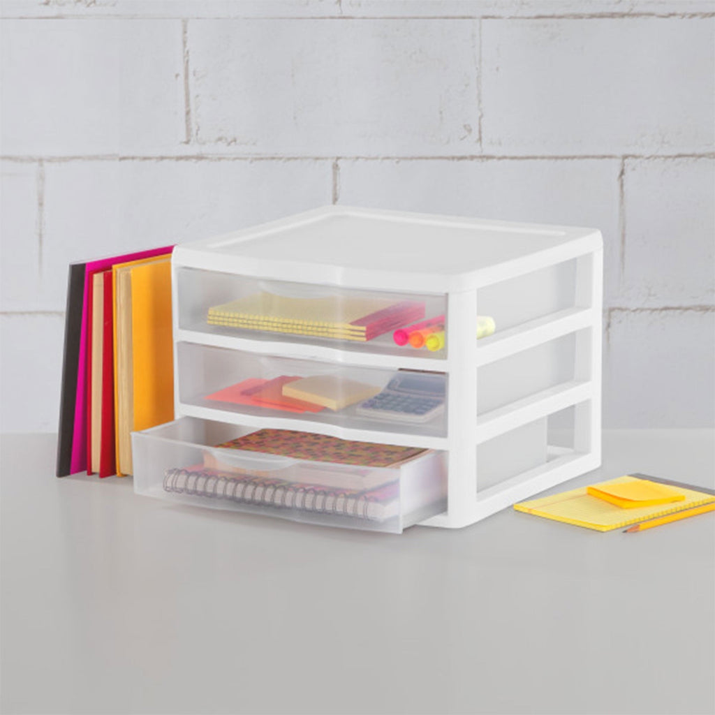 Wide 3 Drawer Unit, Clear Plastic Countertop or Desktop Drawers, White