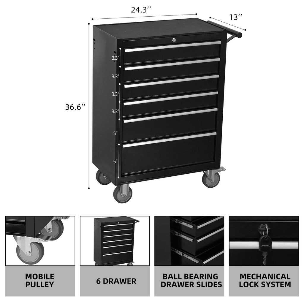 6-Drawer Rolling Tool Chest Cabinet, Large Capacity Metal Tool Box with Wheels,Black - Image 6