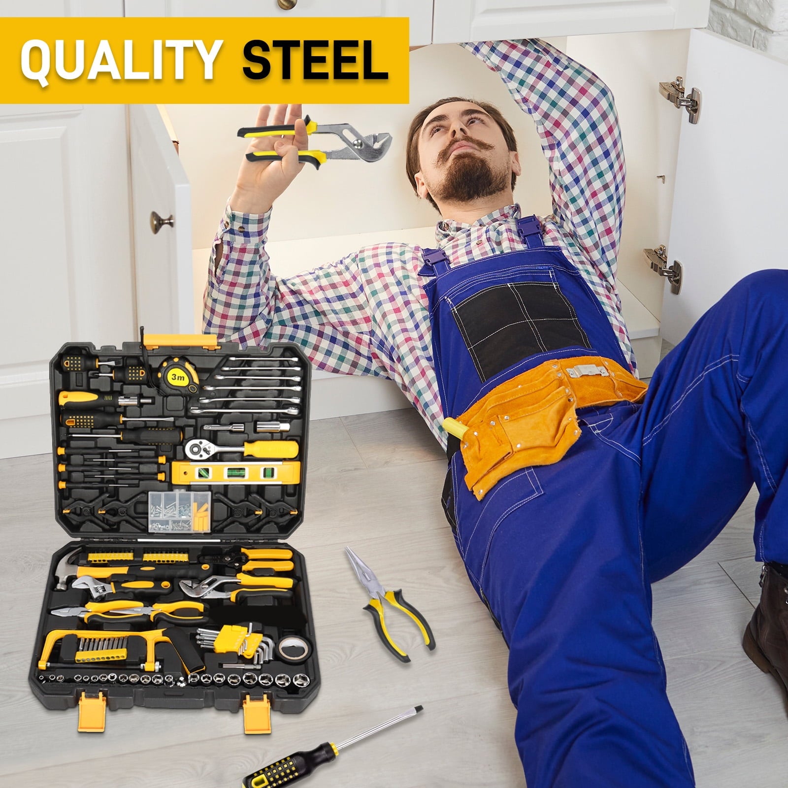 198 Piece Tool Set, General Household Hand Tool Kit Socket Wrench Auto Repair Tool, W/ Storage Case, Yellow - Image 2