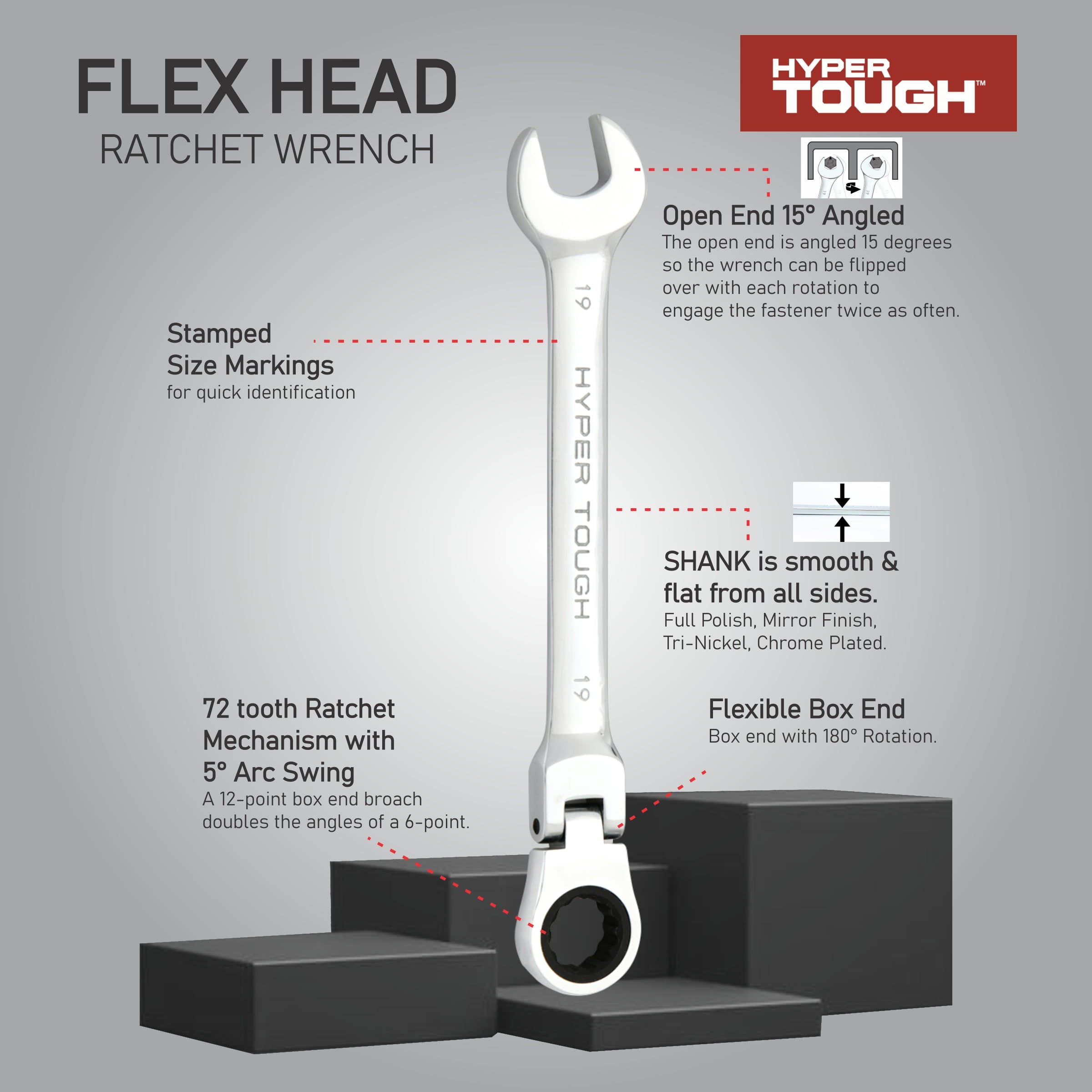 Hyper Tough 12-Piece Metric Flex Head Ratchet Wrench Tool Set, Hand Tools - Image 6