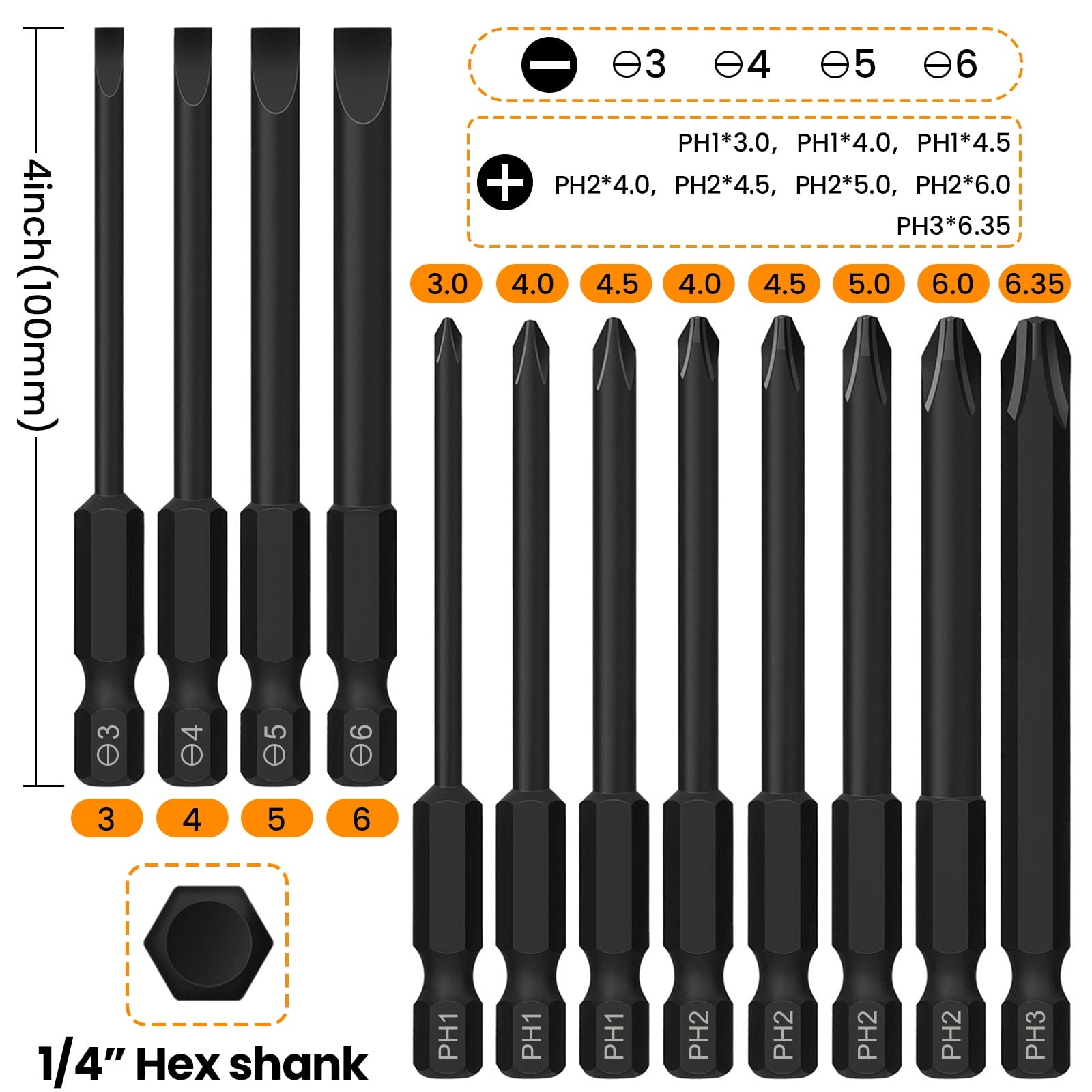 12Pcs Magnetic Flat Slotted Phillips Cross Head Screwdriver Bit Set, 1/4 Hex Shank for Impact Power Tool(-;PH-), S2 S... - Image 2