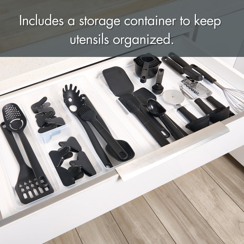 36 Piece Kitchen Gadget Set with Kitchen Cooking Utensils, and Drawer Organizer, Black