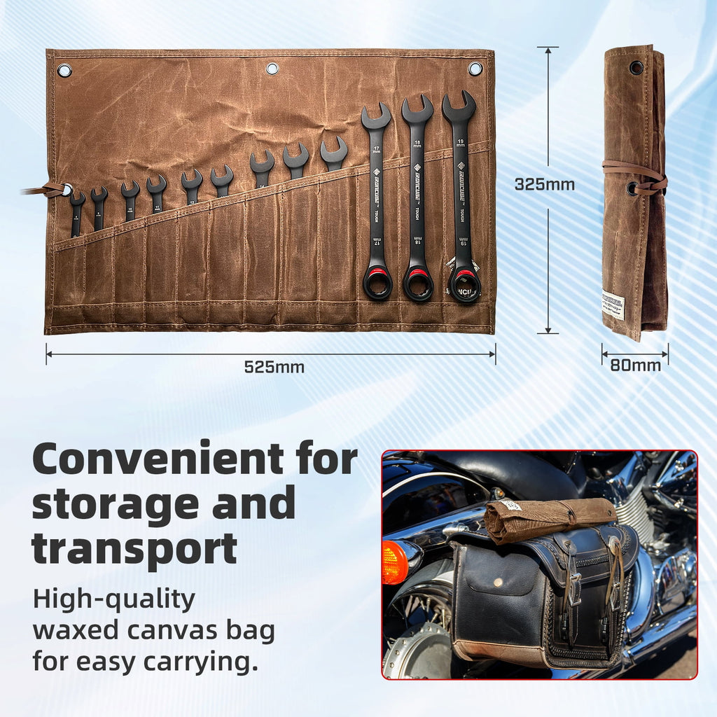 12-Piece Ratcheting Combination Wrench Set - Metric 8-19mm CR-V Steel Tough Black with Wax Canvas Storage Bag - Image 4