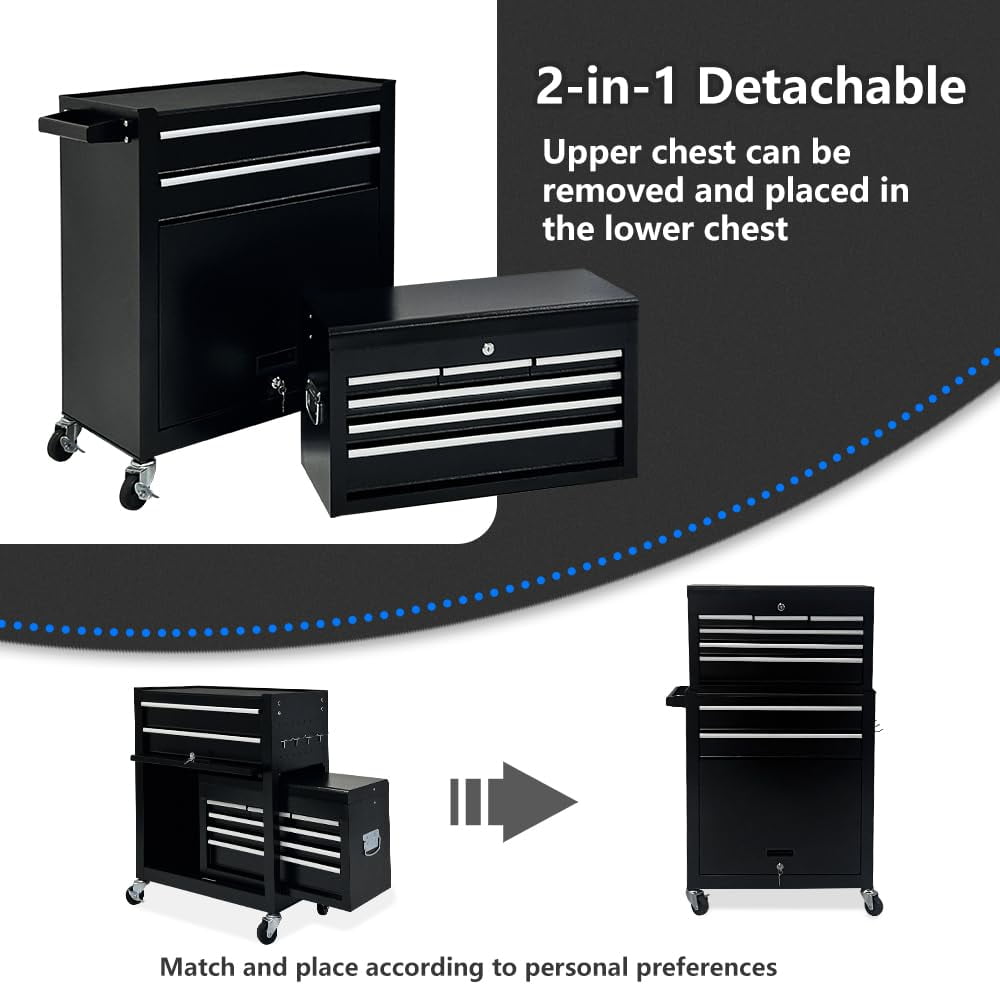 8-Drawer Chest, 2-in-1 Box with Wheels Metal Chest Cabinet for Garage, Workshop, Black - Image 3