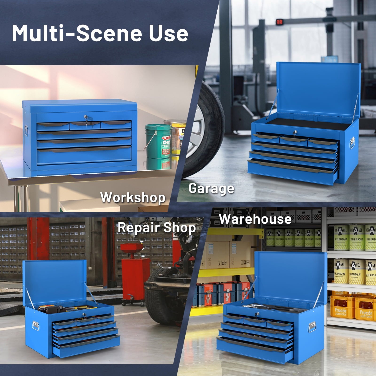 24'' Tool Chest Case Steel Tool Box w/ 6 Drawers Top Storage Automatic Lock Blue - Image 5