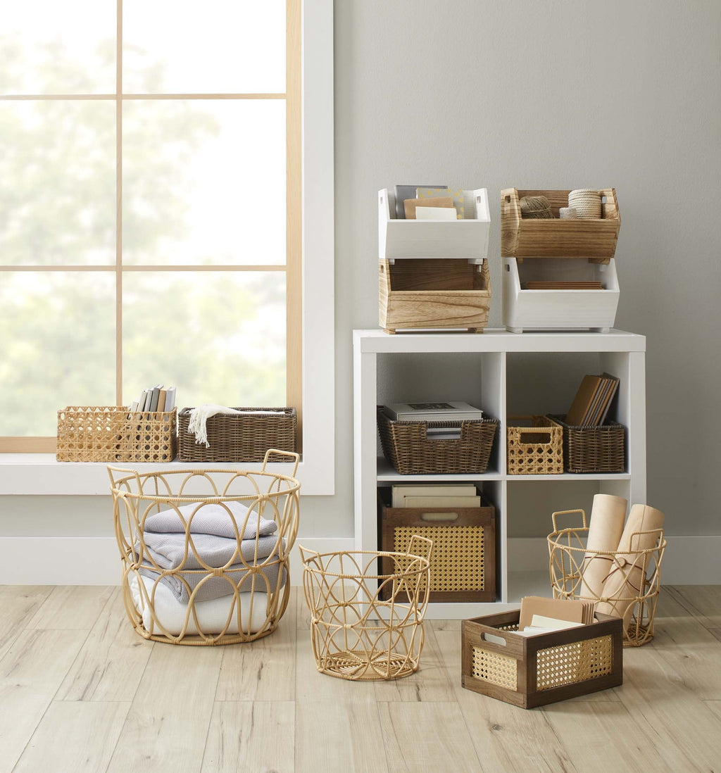 Better Homes &amp; Gardens 2-Piece Set Natural Wood Stacking Open Front Decorative Storage Bins, 11 in x 16.5 in x 10 in