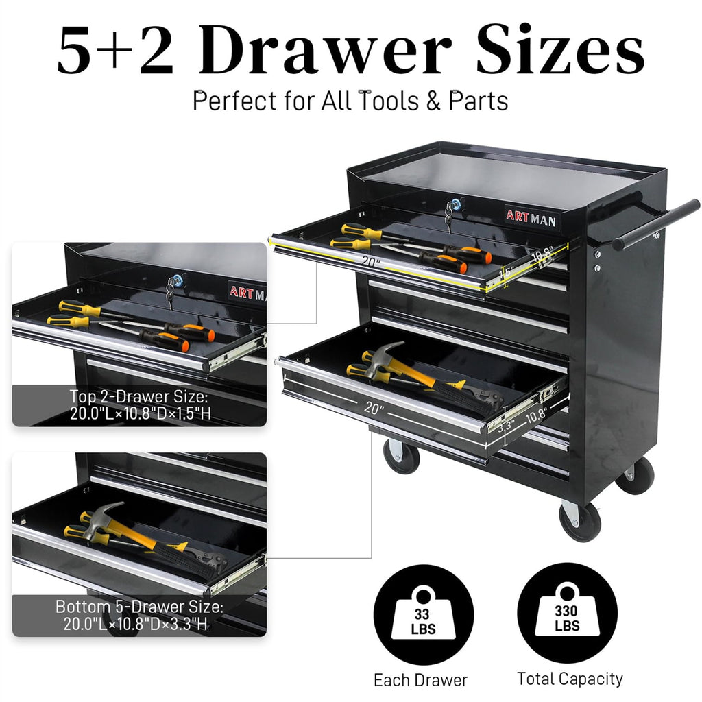 Aukfa Tool Box, 24.5 in 7-Drawer Steel Rolling Tool Chest on Wheels for Workshop Garage, Black - Image 4