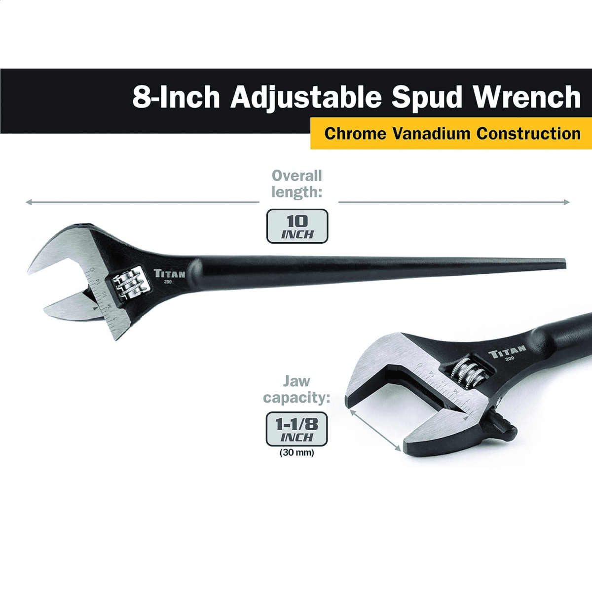 8 Inch Adjustable Chrome Vanadium Steel Construction Spud Wrench Head Size with 10 Inch Overall Length for Added Leve... - Image 3