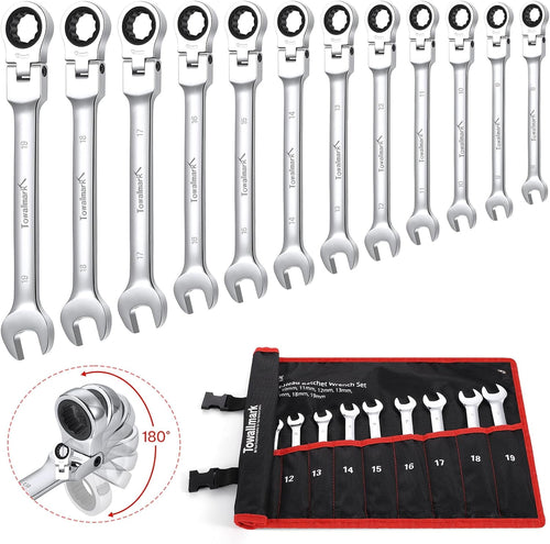 12-Piece Flex-Head Wrench Set, Ratcheting Combination Set, Metric 8-19mm, 72-Teeth,Cr-V Steel Ratchet Wrenches Set wi...
