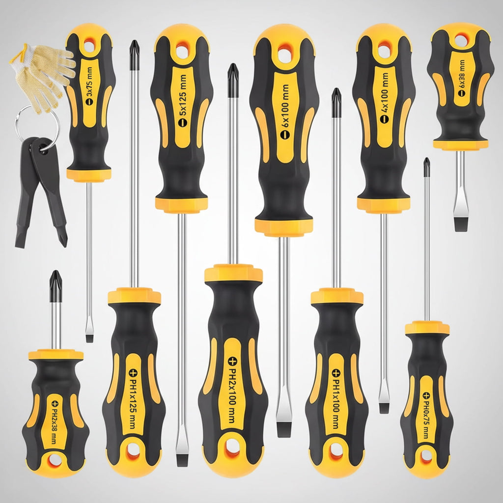 12-Piece Magnetic Screwdrivers Set, 5 Phillips and 5 Slotted Tips Professional Cushion Grip Screwdriver Set with Glove
