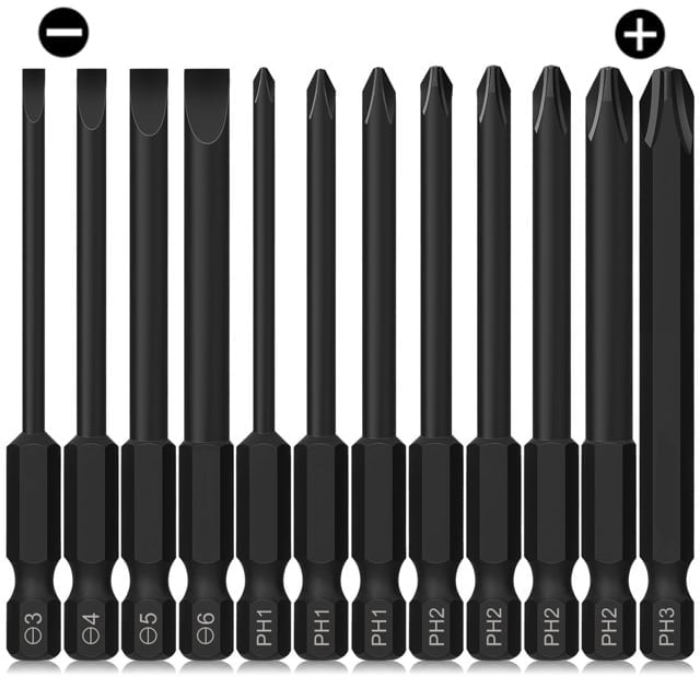 12Pcs Magnetic Flat Slotted Phillips Cross Head Screwdriver Bit Set, 1/4 Hex Shank for Impact Power Tool(-;PH-), S2 S...