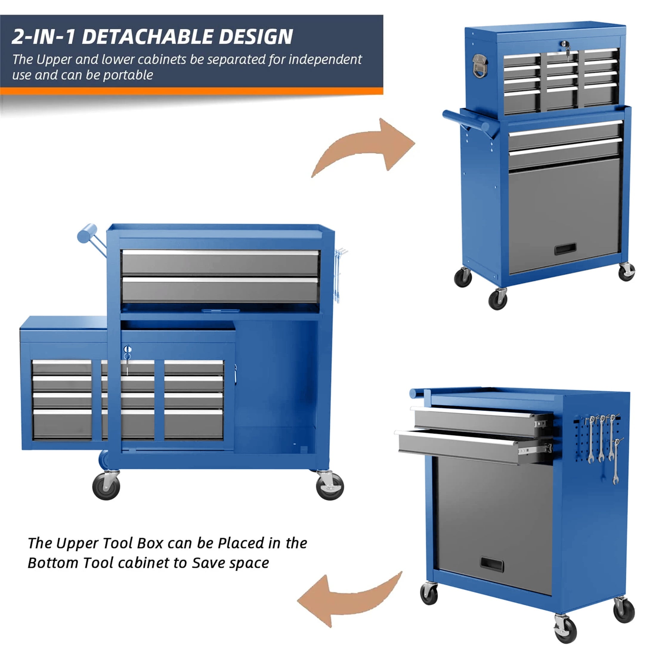 Tool Chest, 2 in 1 Steel Rolling Tool Box & Cabinet on Wheels for Garage, 8-Drawers, Blue&Gray - Image 2