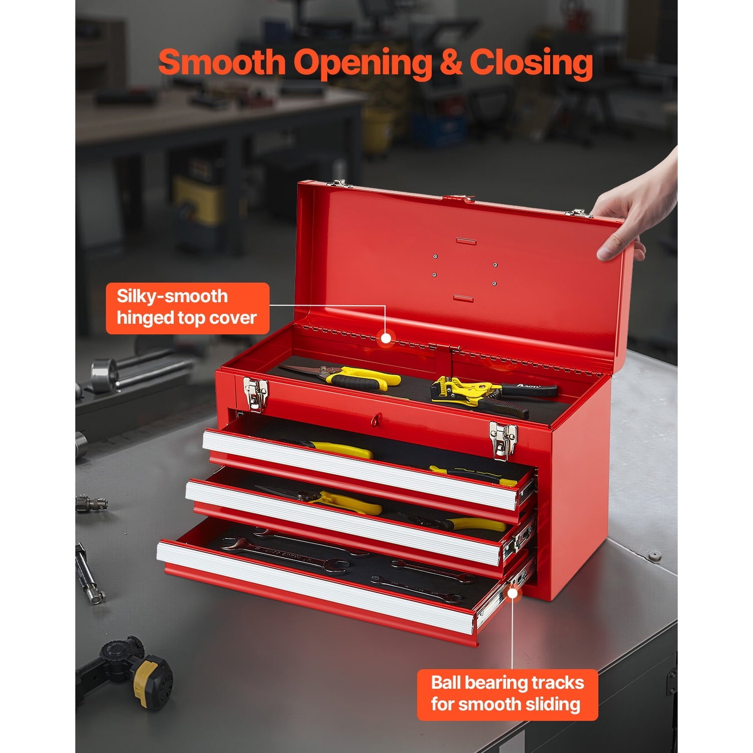 20.5-Inch Portable Metal Tool Box with 3 Drawers, Small Tool Chest Featuring Liners, Ball-Bearing Slides, Lockable De... - Image 4