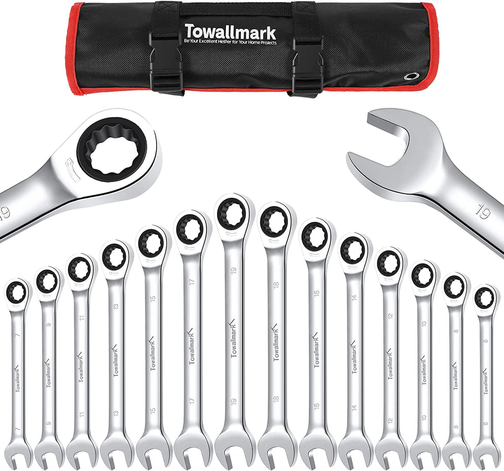 14-Piece Wrench Set, Ratcheting Wrench Set, Metric 6-19mm, Fixed Head Ratcheting Combination Wrenchs, Chrome Vanadium Steel with Storage Bag
