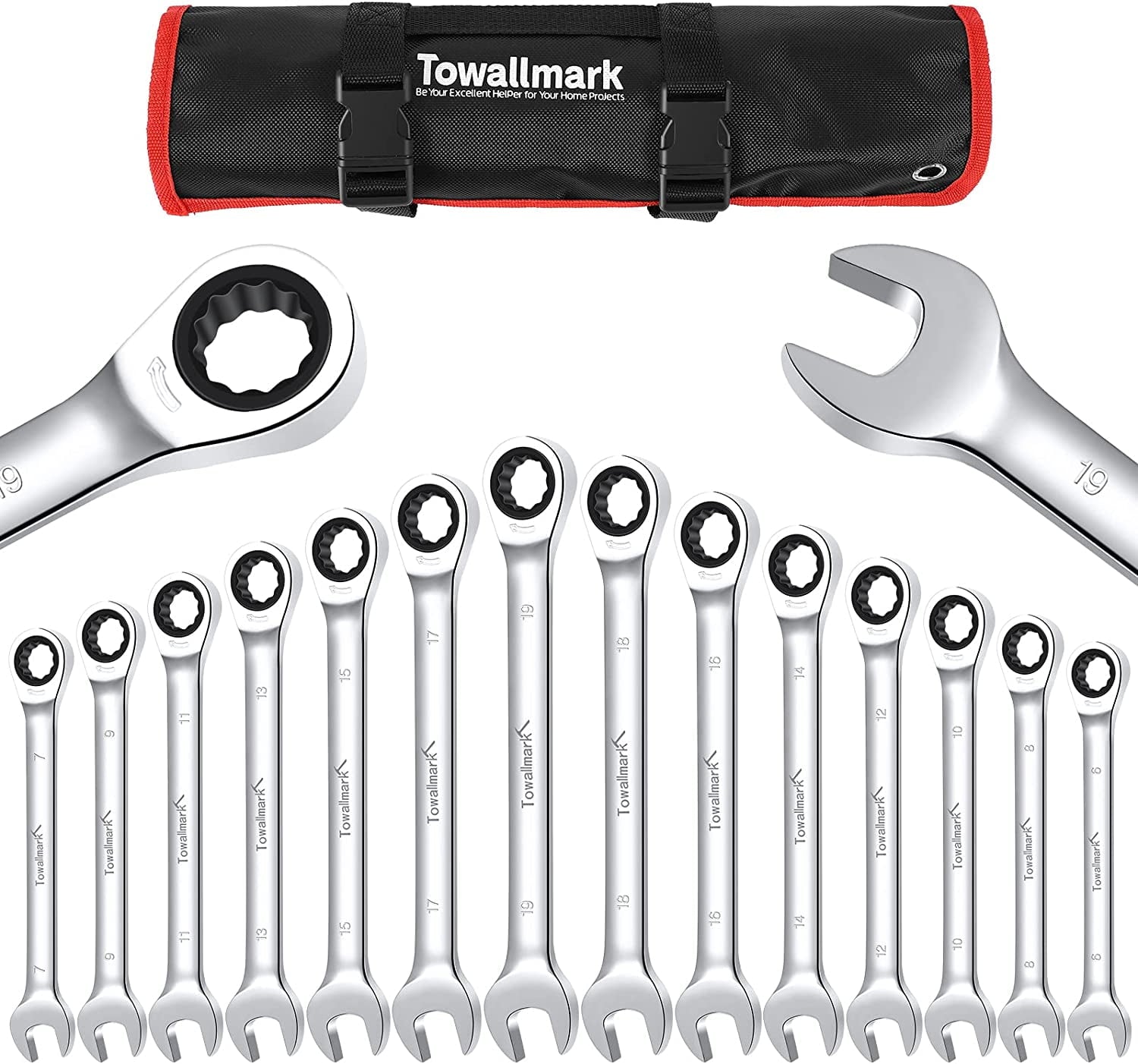 14-Piece Wrench Set, Ratcheting Wrench Set, Metric 6-19mm, Fixed Head Ratcheting Combination Wrenchs, Chrome Vanadium Steel with Storage Bag