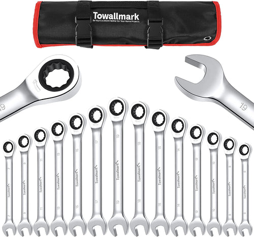14-Piece Wrench Set, Ratcheting Wrench Set, Metric 6-19mm, Fixed Head Ratcheting Combination Wrenchs, Chrome Vanadium Steel with Storage Bag