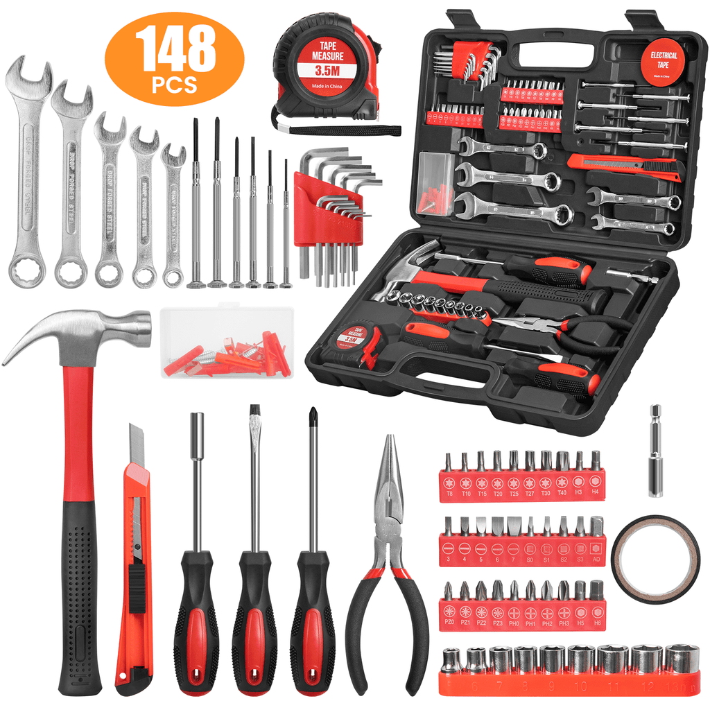 148-Piece Set General Household Hand Kit with Plastic box Storage Case, Mechanic Basic Home Kit for Men and Women, Al...