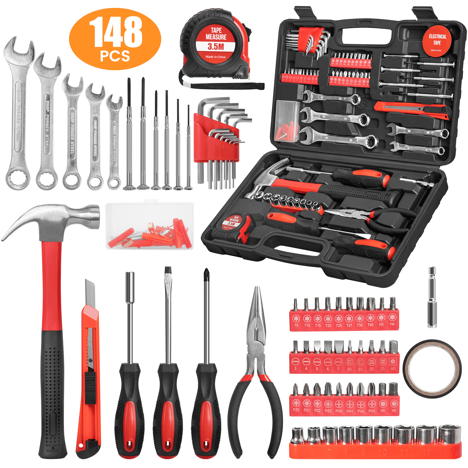148-Piece Set General Household Hand Kit with Plastic box Storage Case, Mechanic Basic Home Kit for Men and Women, Al...