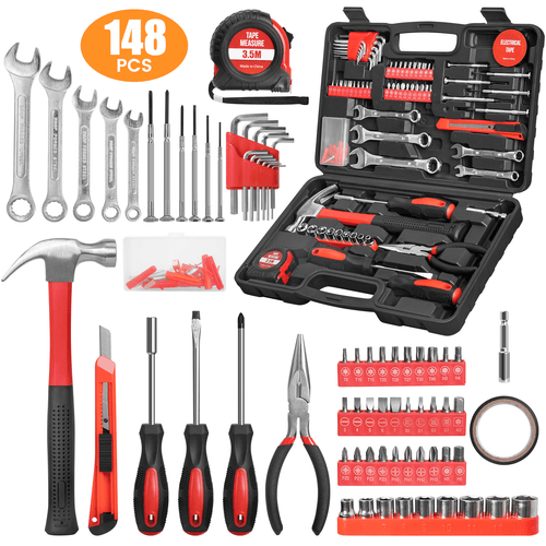 148-Piece Set General Household Hand Kit with Plastic box Storage Case, Mechanic Basic Home Kit for Men and Women, Al...