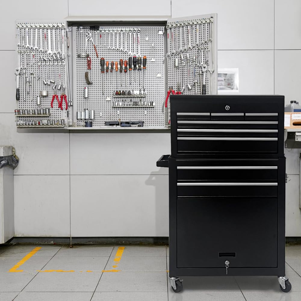 8-Drawer Chest, 2-in-1 Box with Wheels Metal Chest Cabinet for Garage, Workshop, Black - Image 2