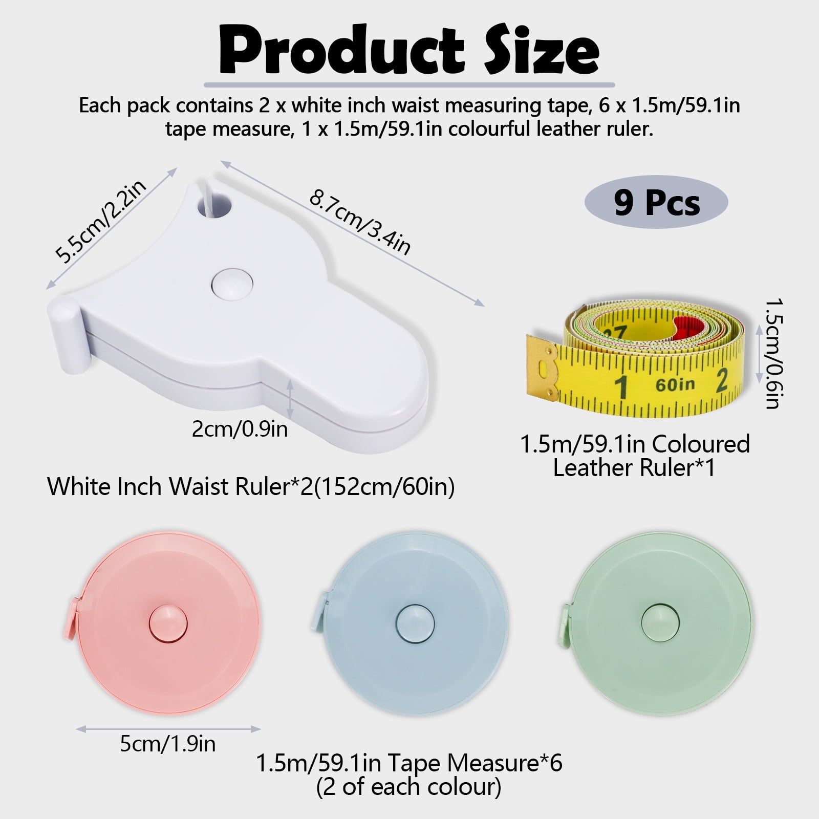 9pcs Tape Measure Body Measuring Tape, Soft Retractable Measurement Tape for Body Fabric Cloth Sewing Tailor Clothing... - Image 2