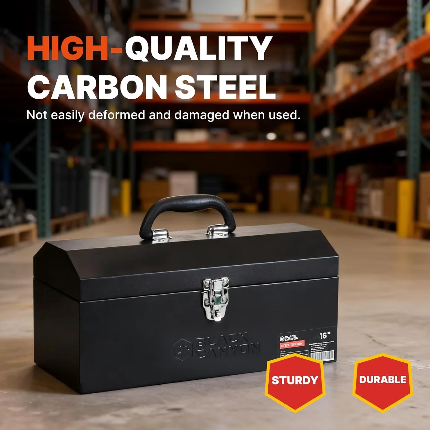 16 Inch Metal Tool Box, Portable Carbon Steel Toolbox with Padlockable Design for Mechanics and