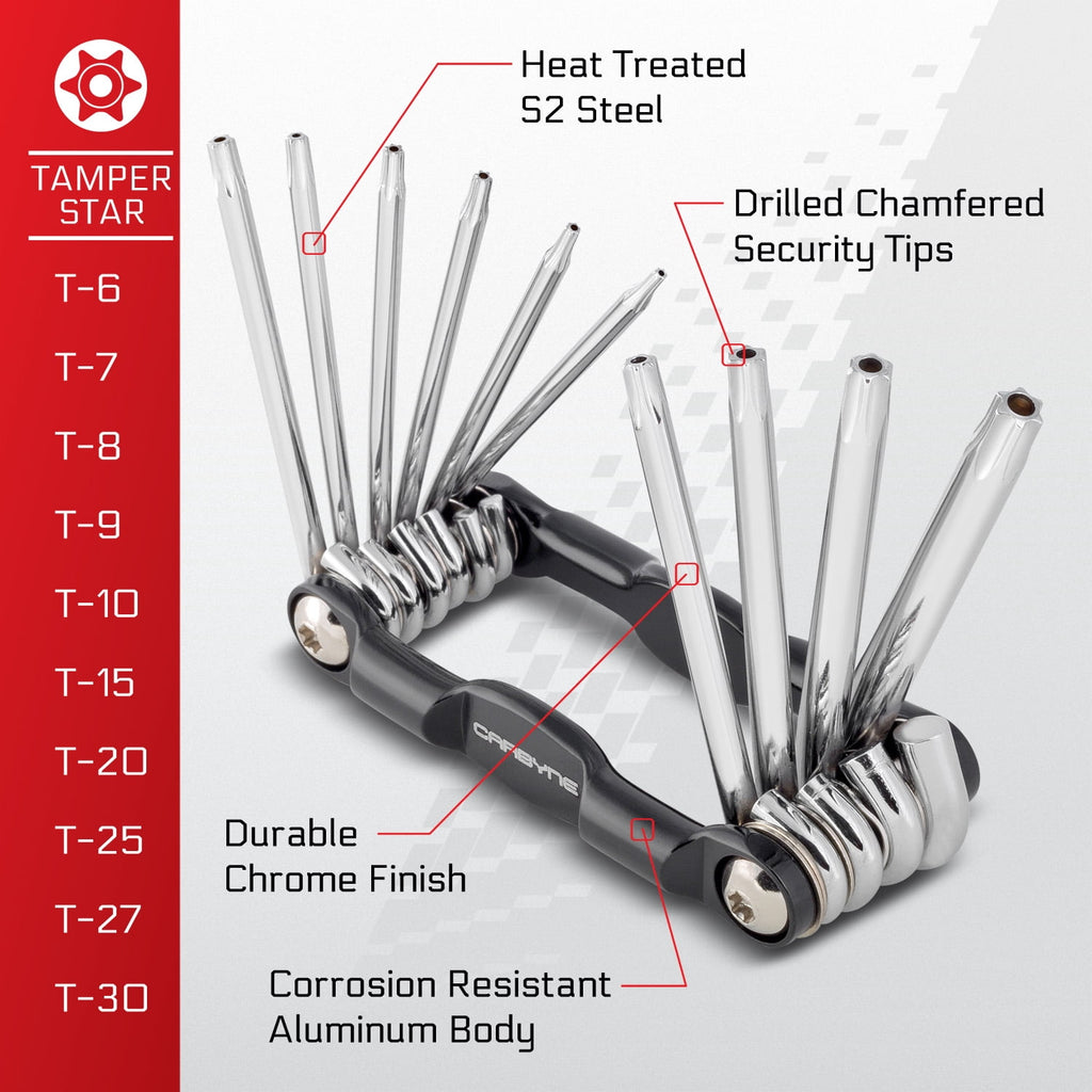 CARBYNE 10 Piece Folding Tamper Star Wrench Set, T-6 to T-30 Star/Torx Sizes, S2 Steel, Drilled Chamfered Security Tips, Durable Chrome Fini - Image 5