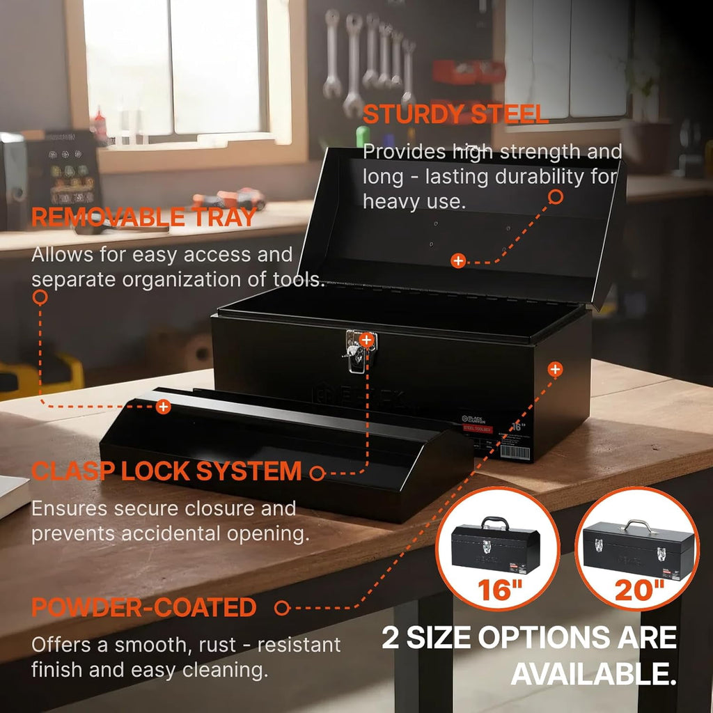 16 Inch Metal Tool Box, Portable Carbon Steel Toolbox with Padlockable Design for Mechanics and - Image 2