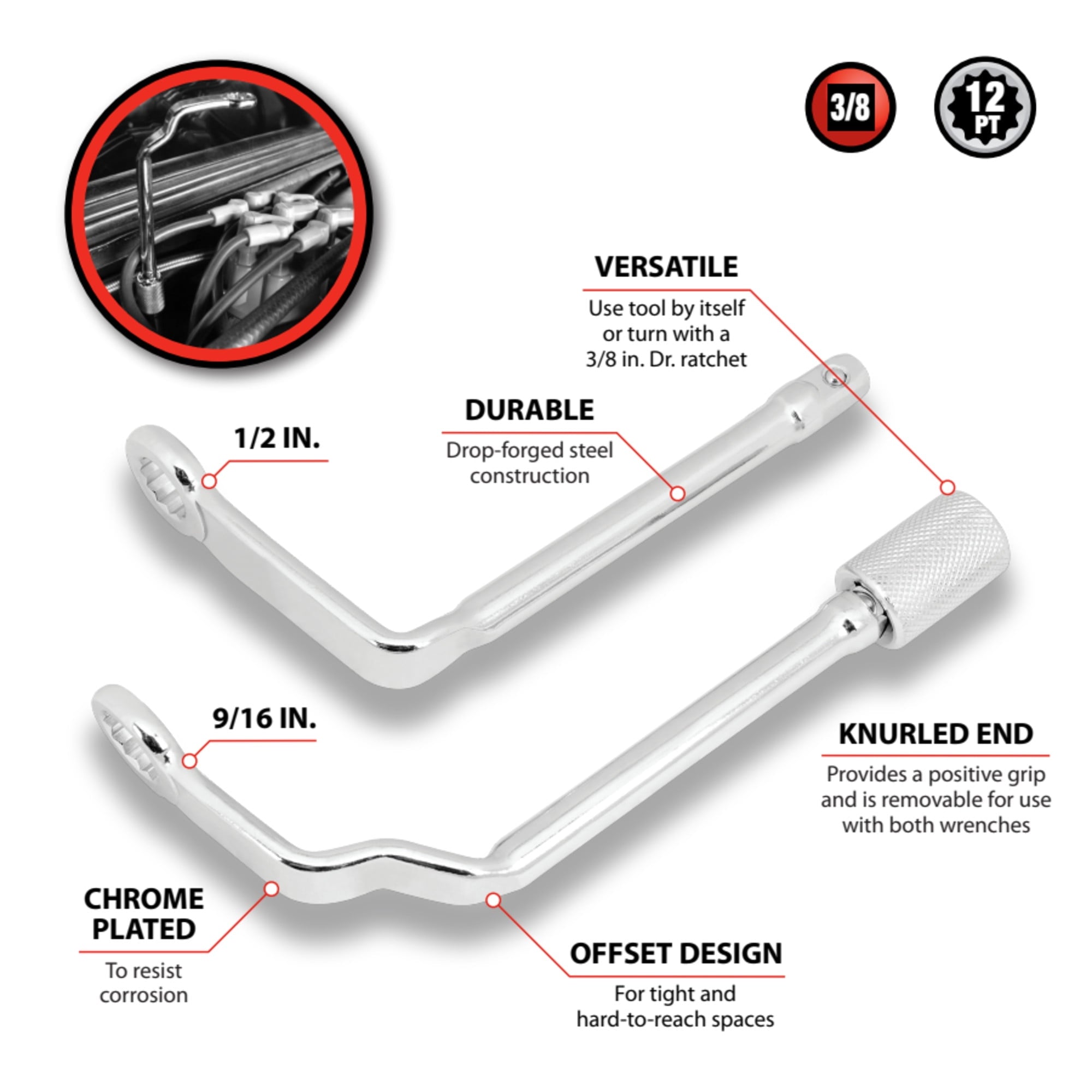 Performance Tool W1189C SAE Offset Distributor Clamp Wrench Set - 1/2 In. and 9/16 In. 0 3/8 in. Dr., Chrome-Plated - Image 2