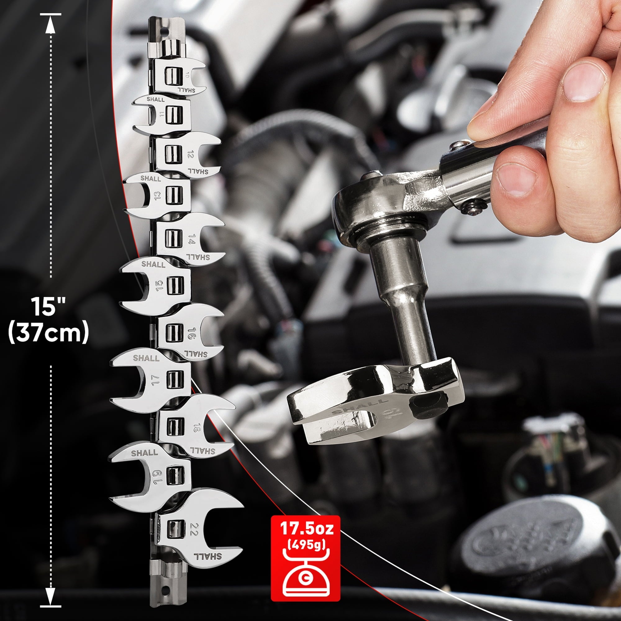 3/8" Crows Foot Wrench Set, 11-Piece Metric Crowfoot Wrench Set with Clip-on Organizer, 10-22mm, Tools for Mechanics,... - Image 5