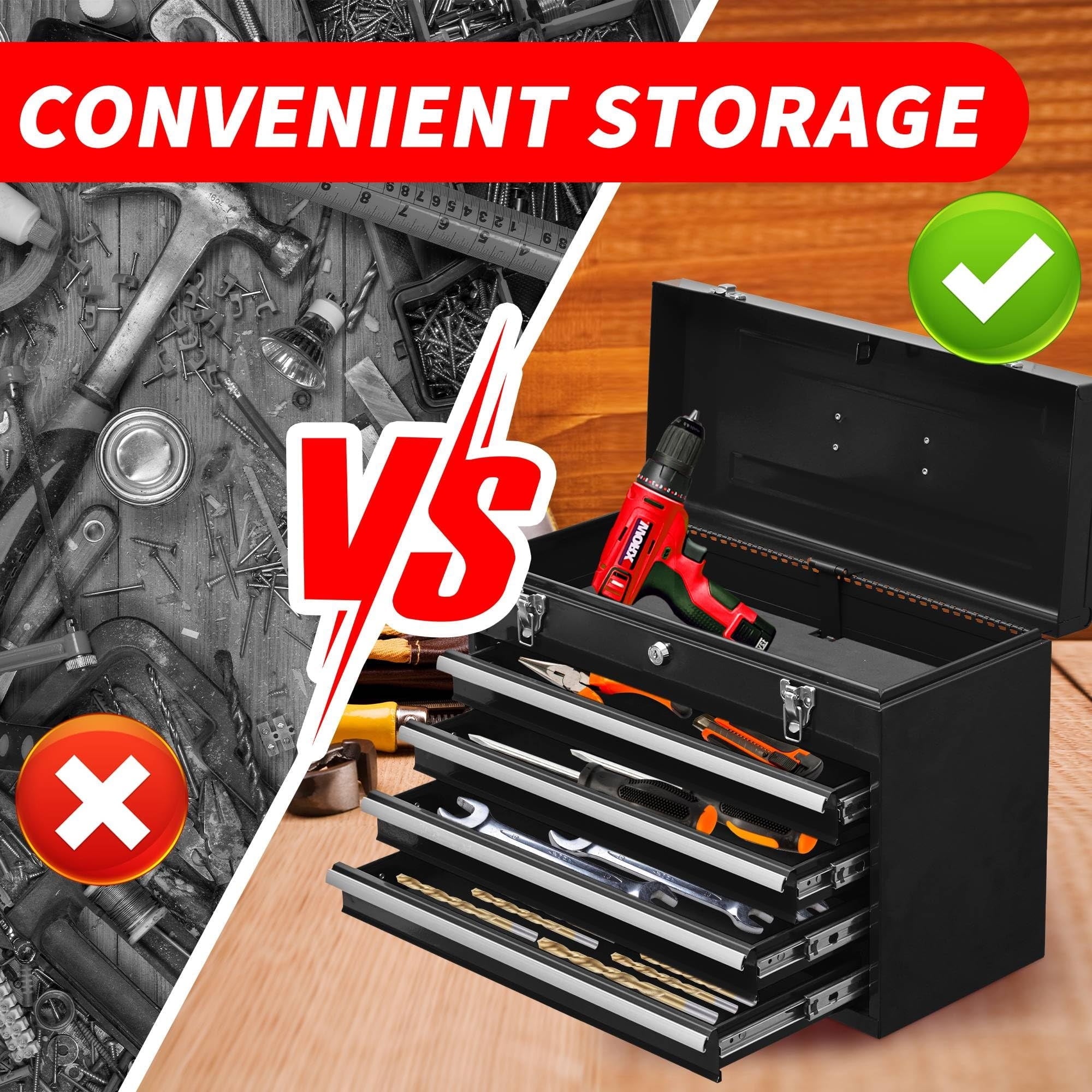 Tool Box, 20 in Steel 4-Drawer Toolbox with Automatic Lock System for Garage, Black - Image 6