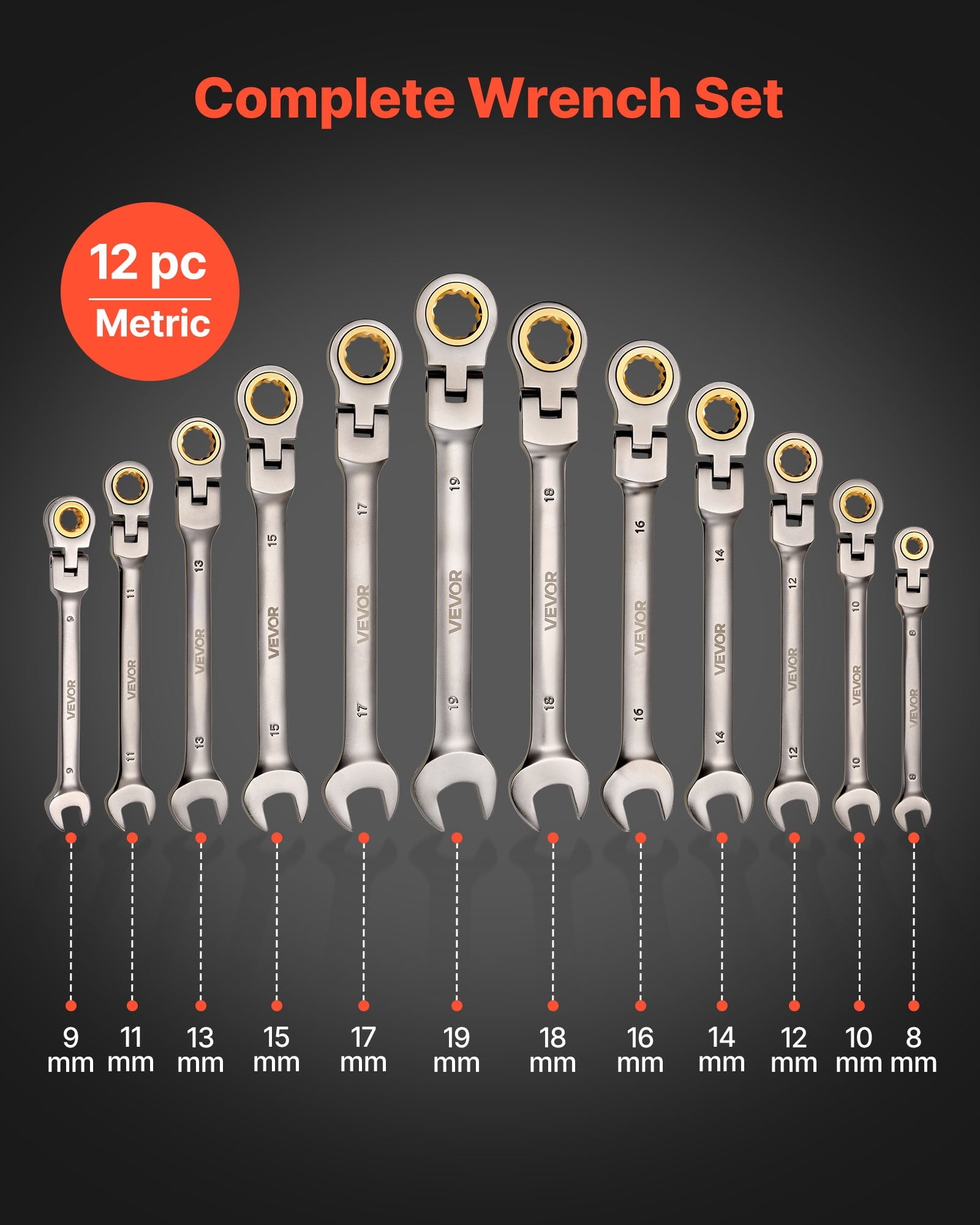 Flex-Head Ratcheting Wrench Set, 12-Piece Metric 8 mm to 19 mm, 72 Teeth, Cr-V Steel Ratchet Flexible Combination Wre... - Image 2