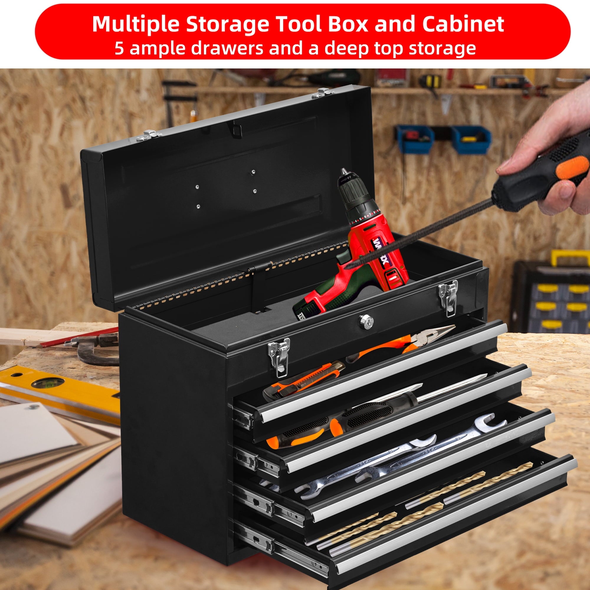 Tool Box, 20 in Steel 4-Drawer Toolbox with Automatic Lock System for Garage, Black - Image 4
