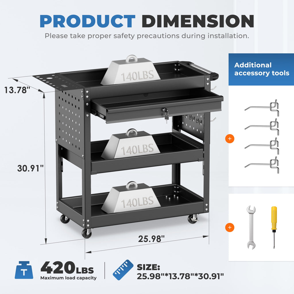 3 tier Rolling Tool Cart with Drawer on Wheel, Multi-layer Storage with Lockable Ball-Bearing Slides for Garage and W... - Image 2