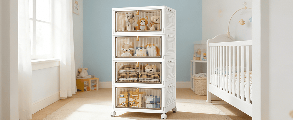 Rolling Wheeled Plastic Storage Bins with Lid, 4-Tier Folding Storage Containers, 92 Qt Capacity