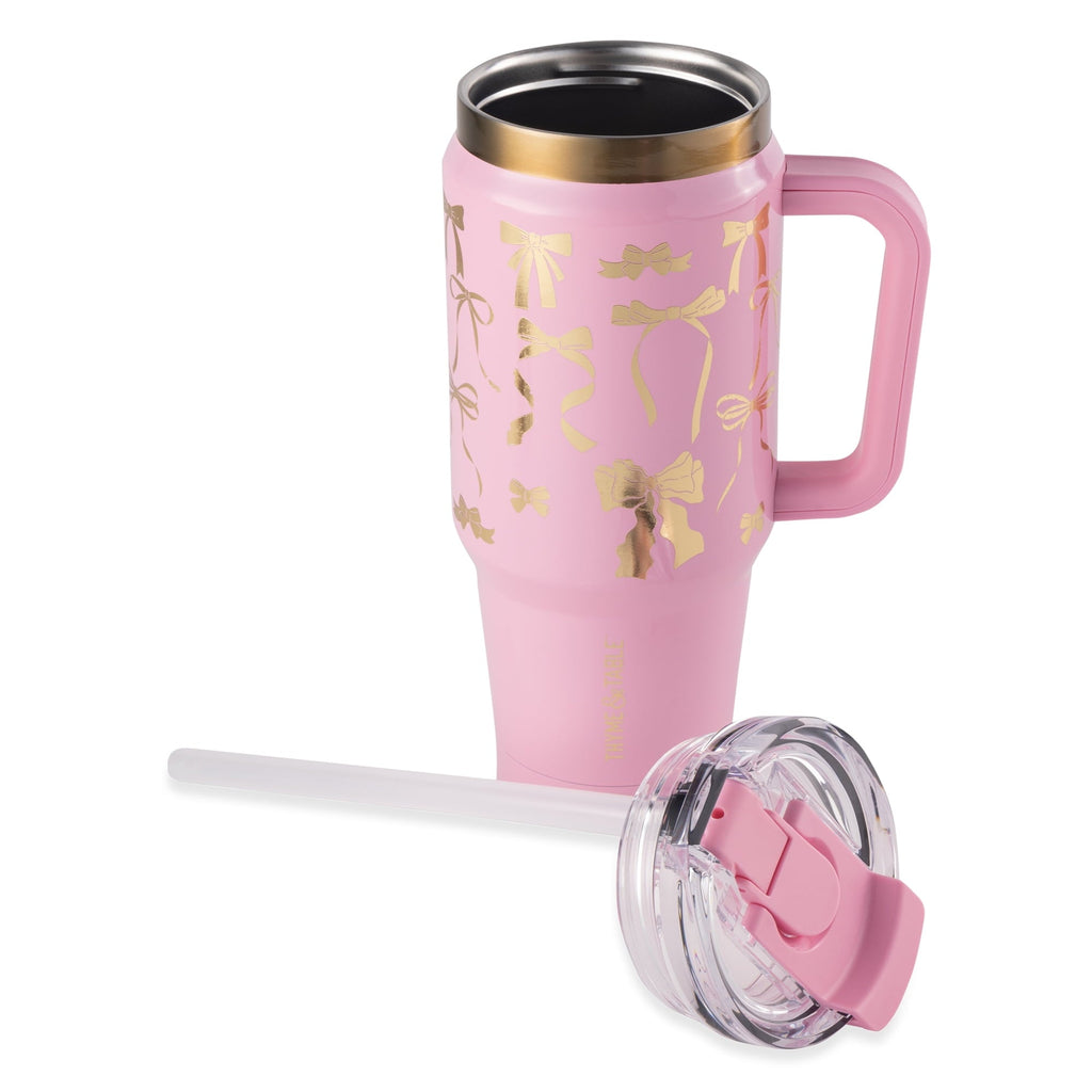 Thyme &amp; Table 32 fl oz Stainless Steel Luna Tumbler with Handle and Dual Straw Lid, Cream &amp; Black Check