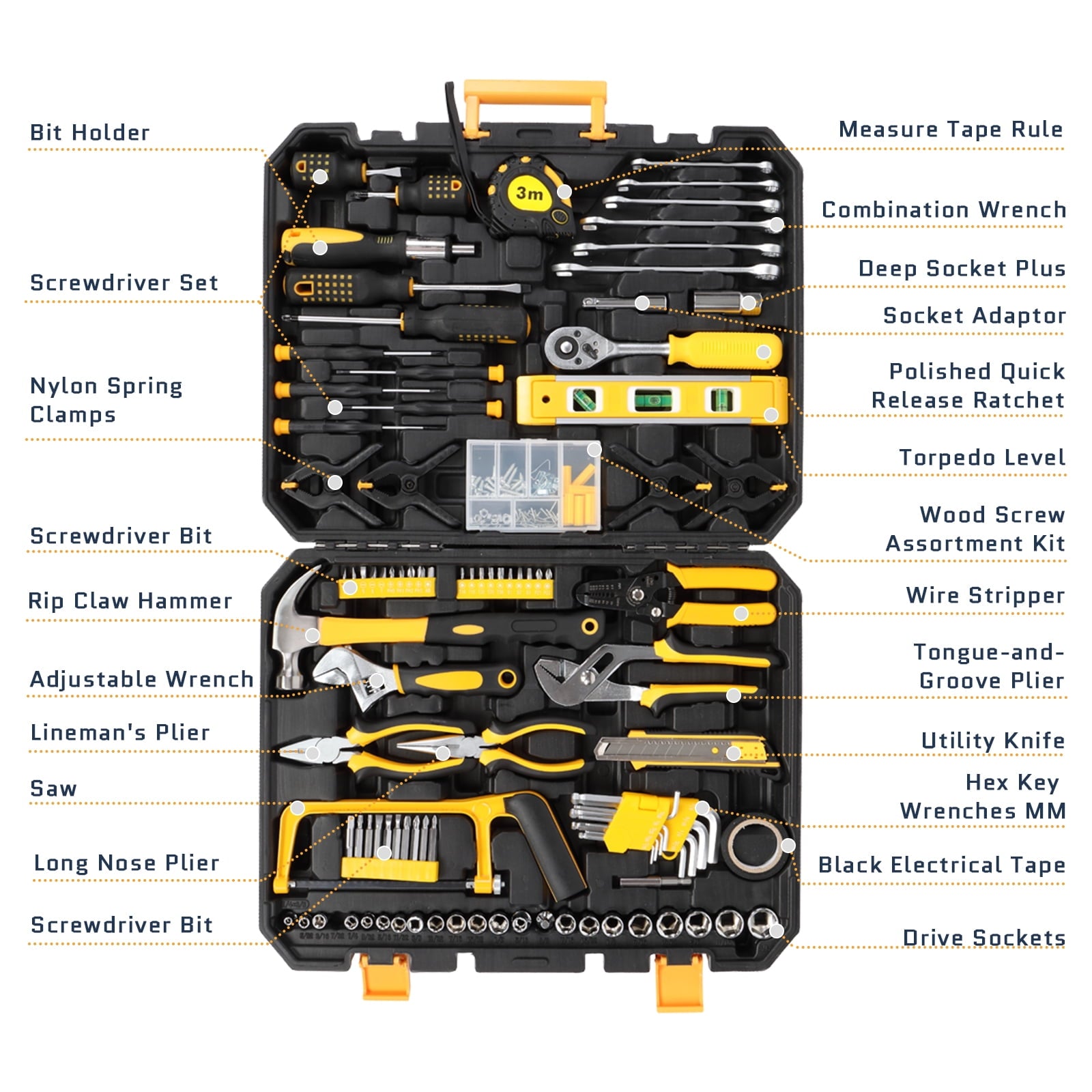198 Piece Tool Set, General Household Hand Tool Kit Socket Wrench Auto Repair Tool, W/ Storage Case, Yellow - Image 6