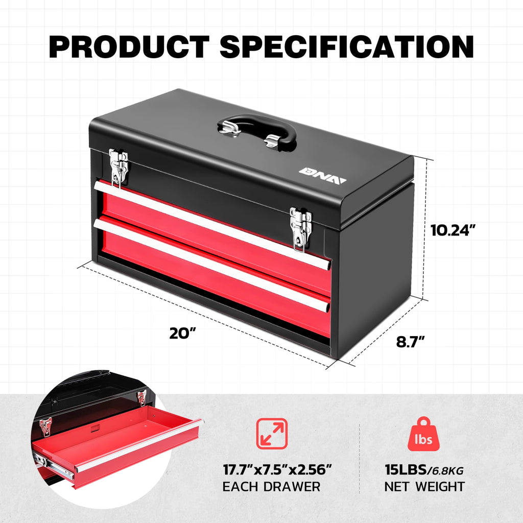 TOOLS-00408 20" 2 Drawers Sturdy Durable Flat Top Steel Portable Hand Carry Multiple Storage Tool Storage Box Red - Image 2